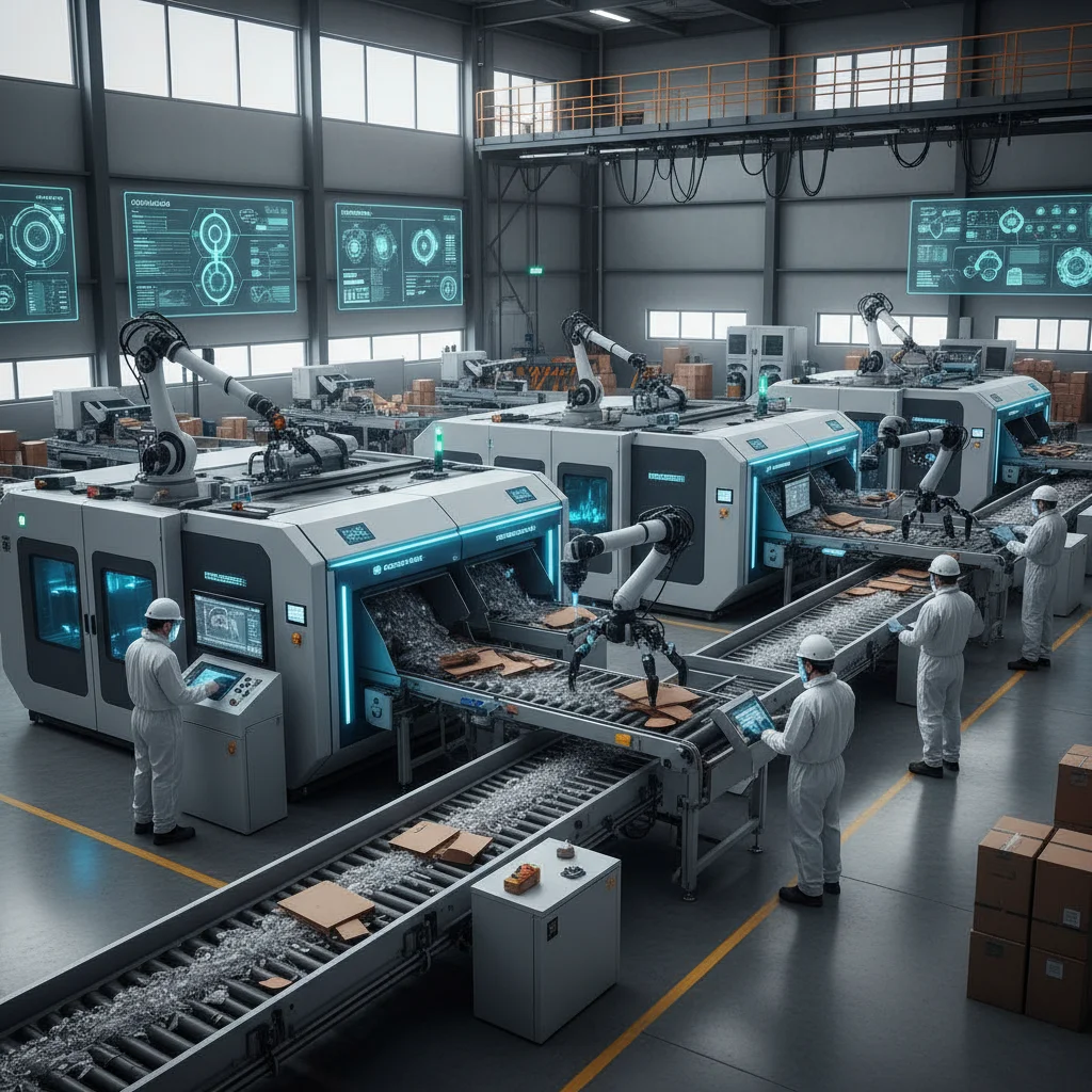 Advanced recycling machinery in a factory, demonstrating efficient material processing for circular economy.