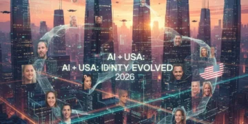 Futuristic cityscape with AI data streams and diverse faces, symbolizing the impact of AI on American identity.