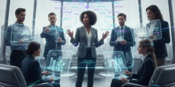 Professionals collaborating using futuristic AI brainstorming tools, generating ideas rapidly.