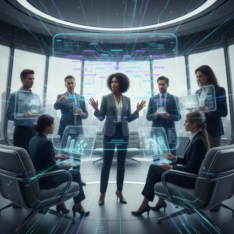 Professionals collaborating using futuristic AI brainstorming tools, generating ideas rapidly.