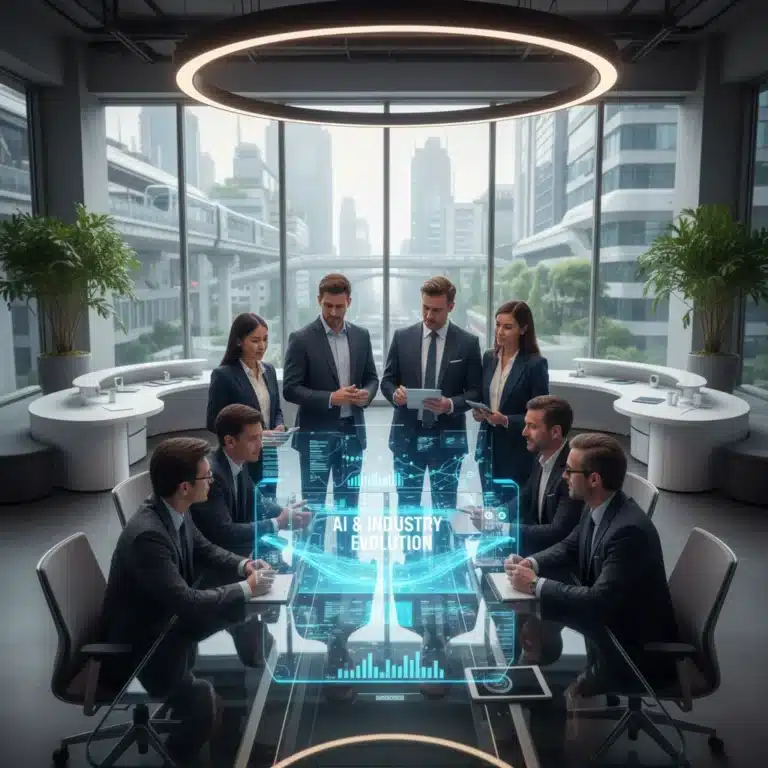 Professionals analyzing AI impact on future careers in a modern office