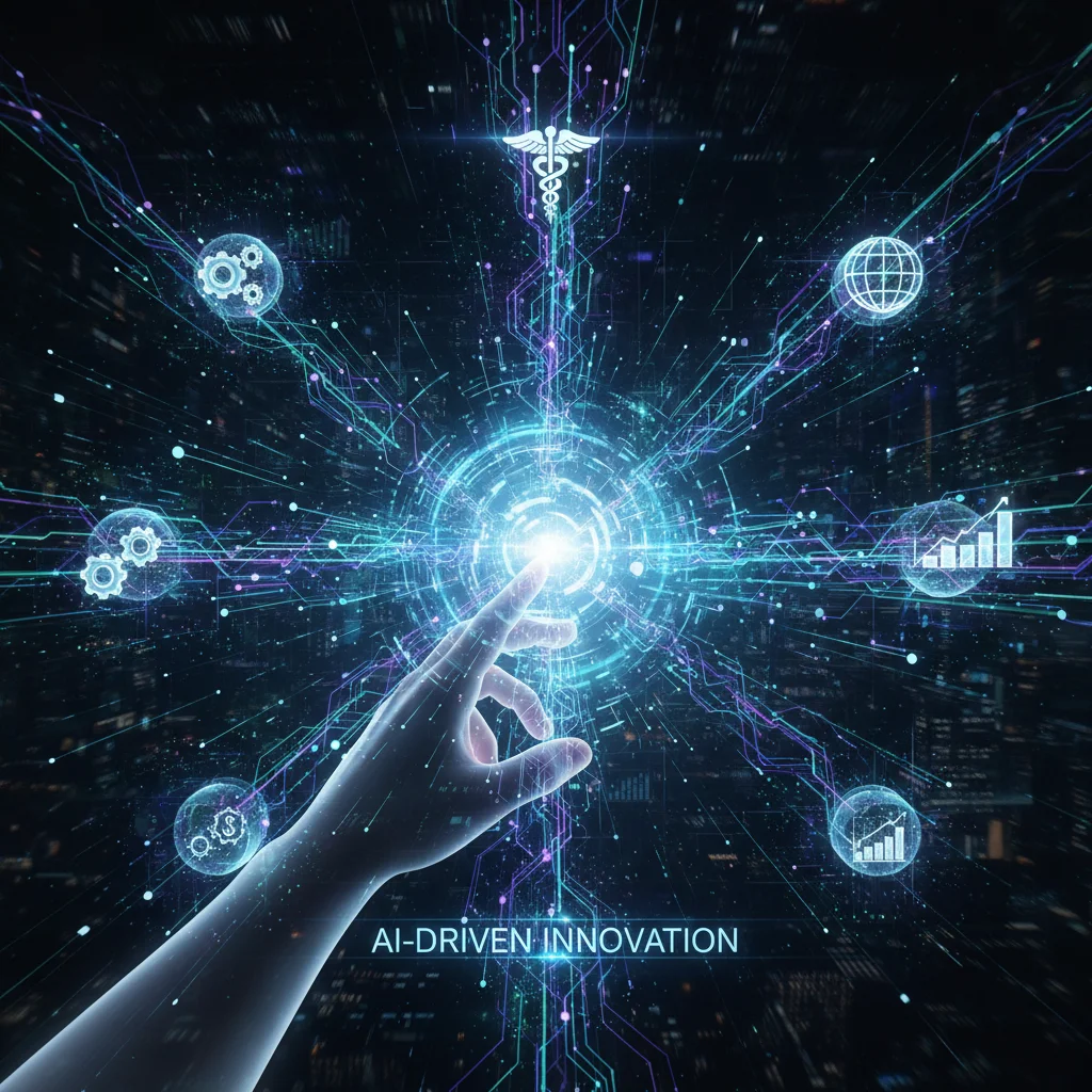 AI analyzing diverse data streams to generate new ideas, illustrating AI-driven creative synthesis.