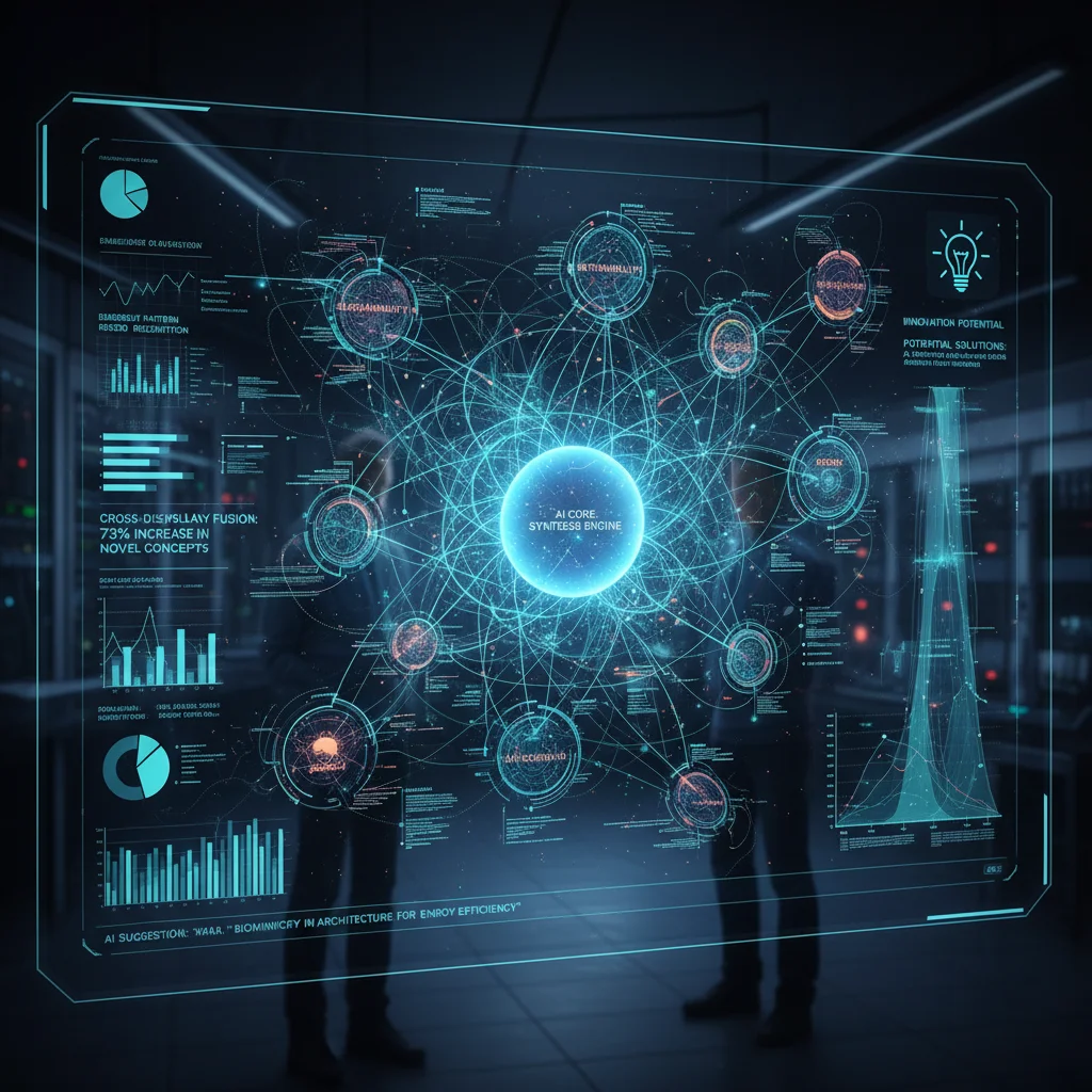AI-powered dashboard showing interconnected ideas and data visualizations for idea synthesis and innovation.