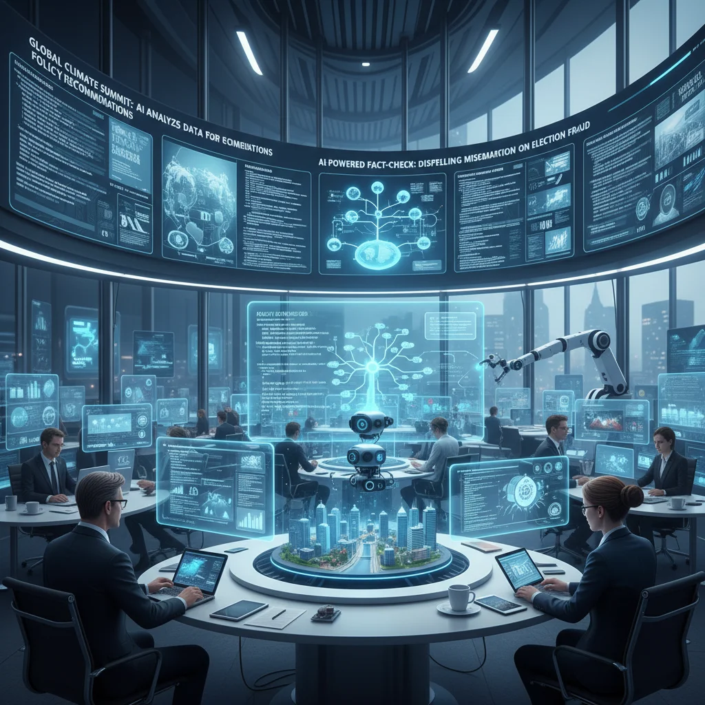AI algorithms assisting journalists in a modern newsroom, generating news and multimedia content.