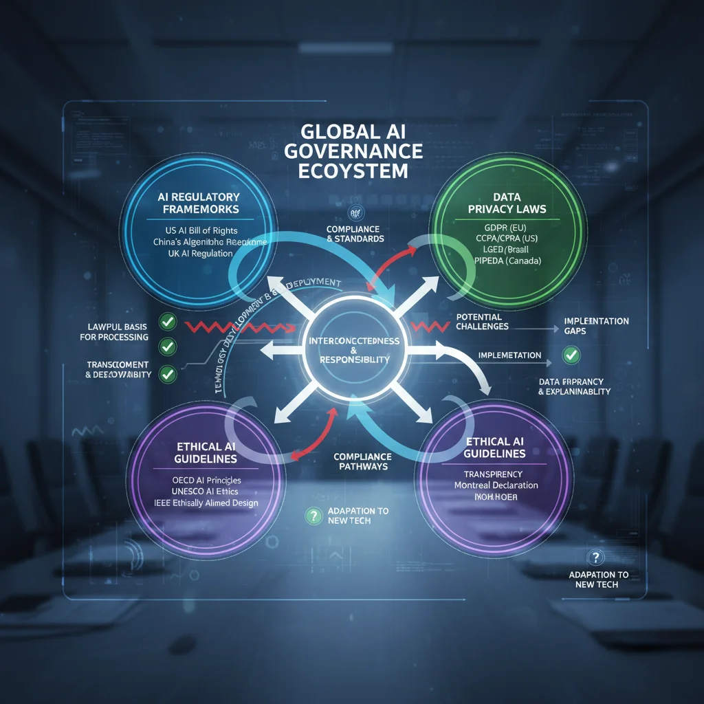 Complex flow chart illustrating interconnected AI regulatory frameworks and compliance pathways