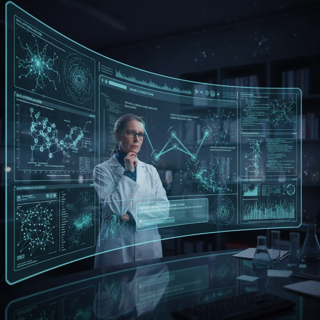 AI-powered dashboard analyzing complex scientific data, suggesting novel research connections to a thoughtful researcher.