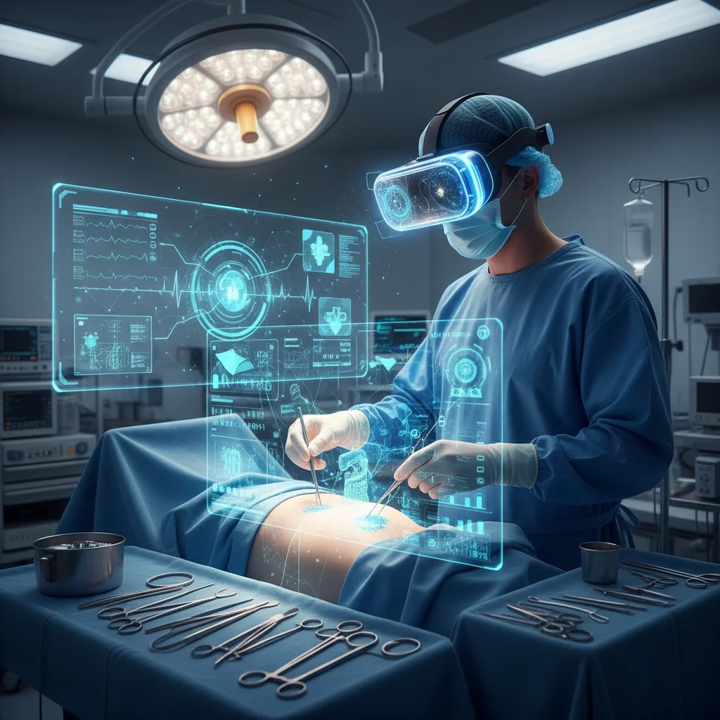 Surgeon using augmented reality for enhanced precision during a complex medical procedure.