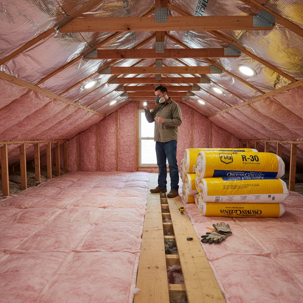 Homeowner inspecting newly installed attic insulation for improved thermal performance