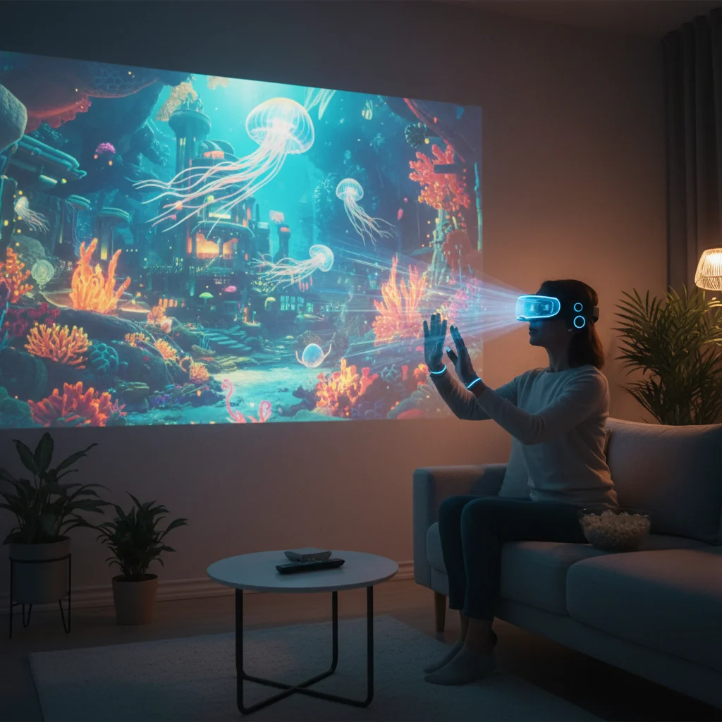 User experiencing augmented reality movie projection on living room wall.