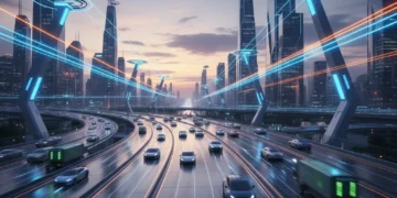 Futuristic highway with autonomous vehicles and smart infrastructure elements