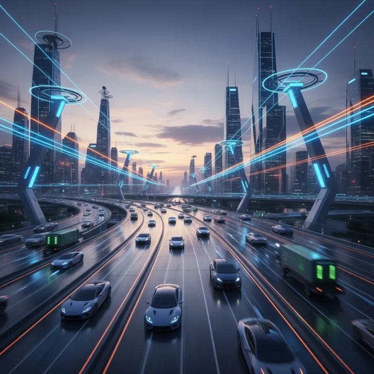 Futuristic highway with autonomous vehicles and smart infrastructure elements