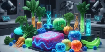 Assortment of bio-engineered foods in a futuristic setting, depicting innovation and sustainability.