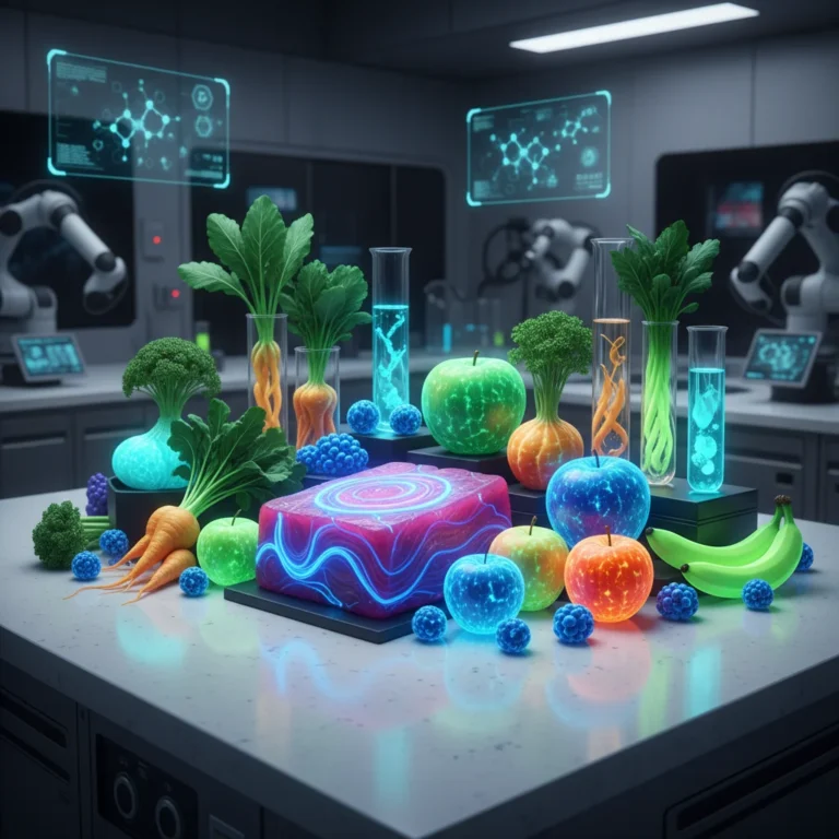 Assortment of bio-engineered foods in a futuristic setting, depicting innovation and sustainability.