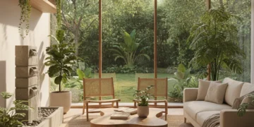 Modern living room with biophilic design elements, natural light, and indoor plants