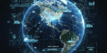 Futuristic global supply chain network powered by blockchain technology, showing interconnected nodes and data flow over the U.S.