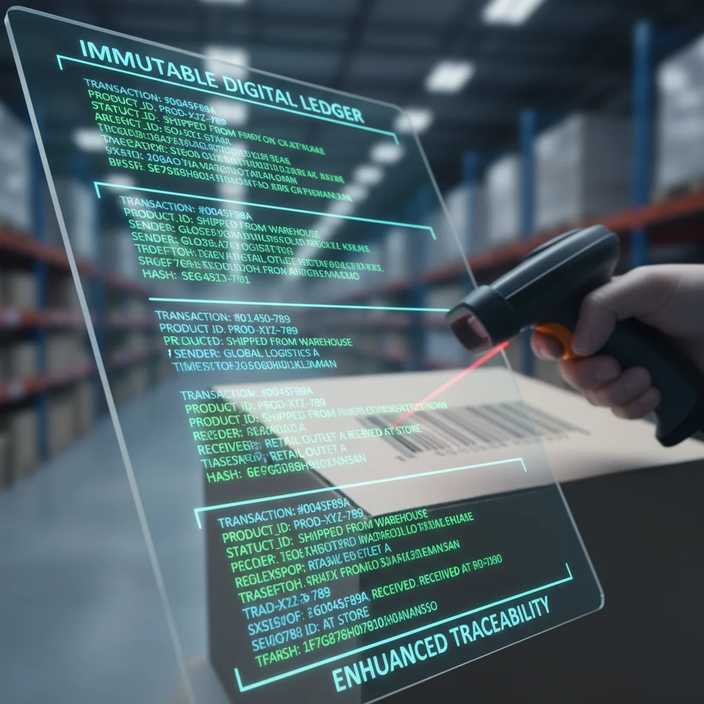 Digital ledger showing immutable product transaction records, enhancing supply chain traceability and authenticity.