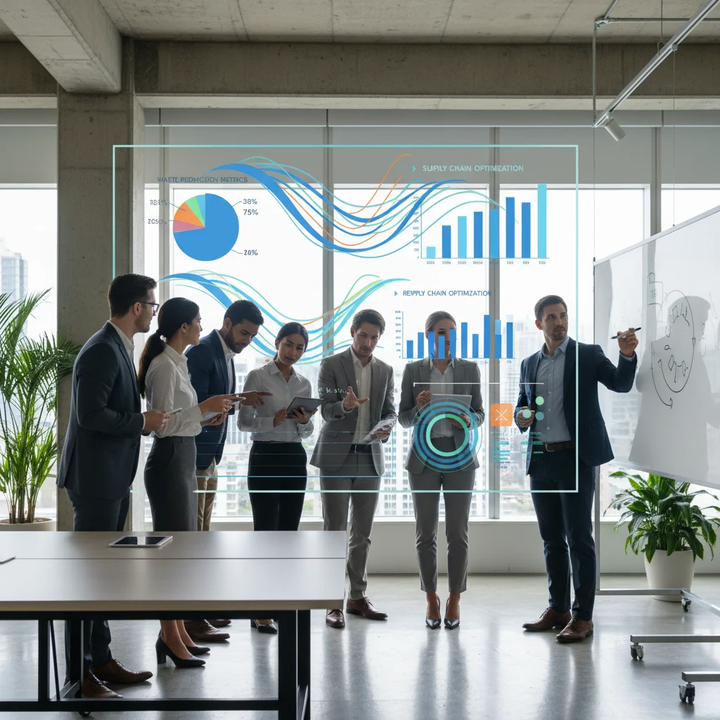 Business team analyzing circular economy data and waste reduction strategies on a large screen.