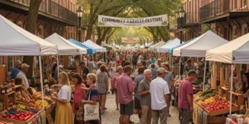 Bustling local market with diverse people and artisan goods, symbolizing community support for local businesses.