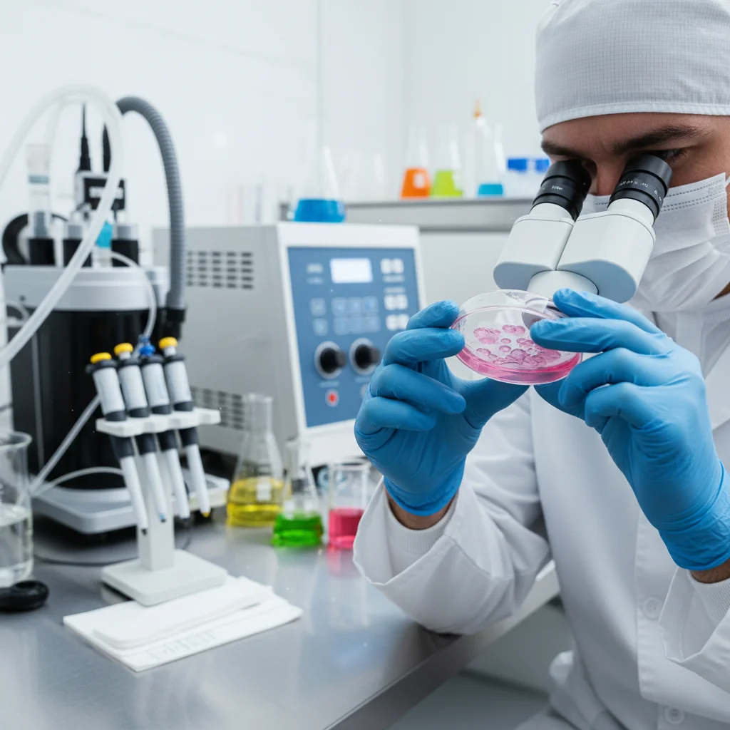 Scientist examining cultured meat cells in a lab, symbolizing cellular agriculture.