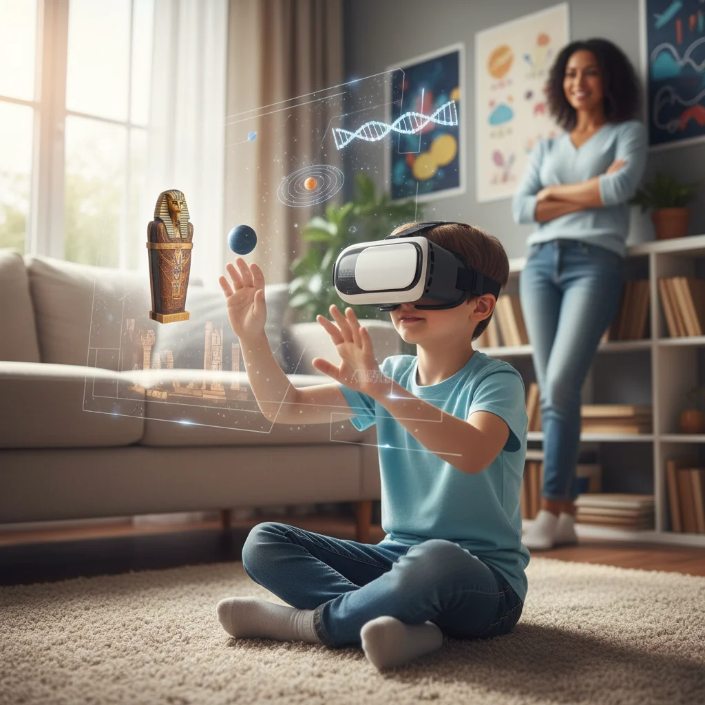 Child engaged in virtual reality educational experience at home