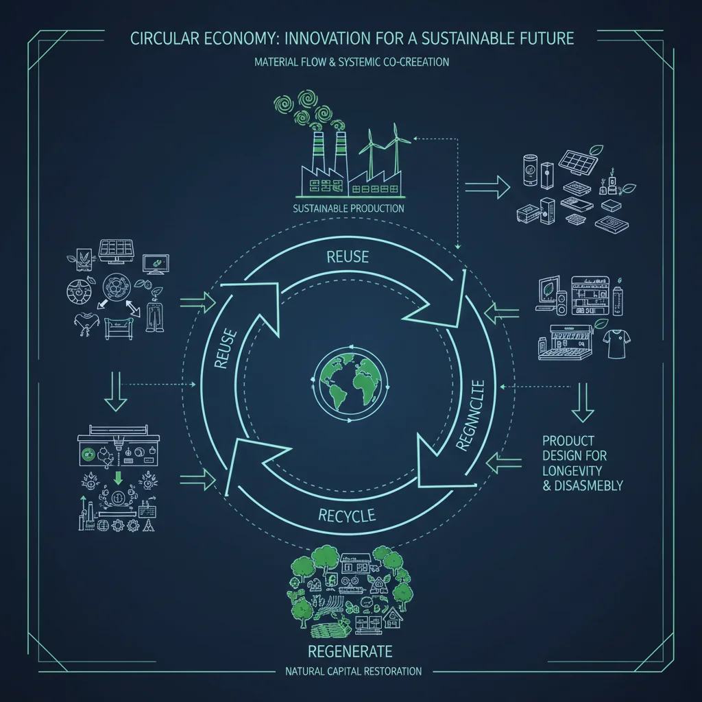 Circular economy diagram showing sustainable product lifecycle, recycling, and resource regeneration for disruptive innovation.