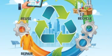 Circular economy concept with recycling, reuse, and repair symbols in a modern U.S. business setting.