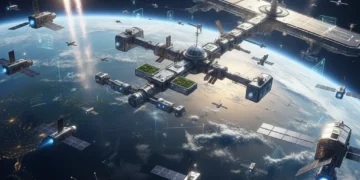 Futuristic commercial space scene with satellites and rockets orbiting Earth, symbolizing innovation and economic opportunity.
