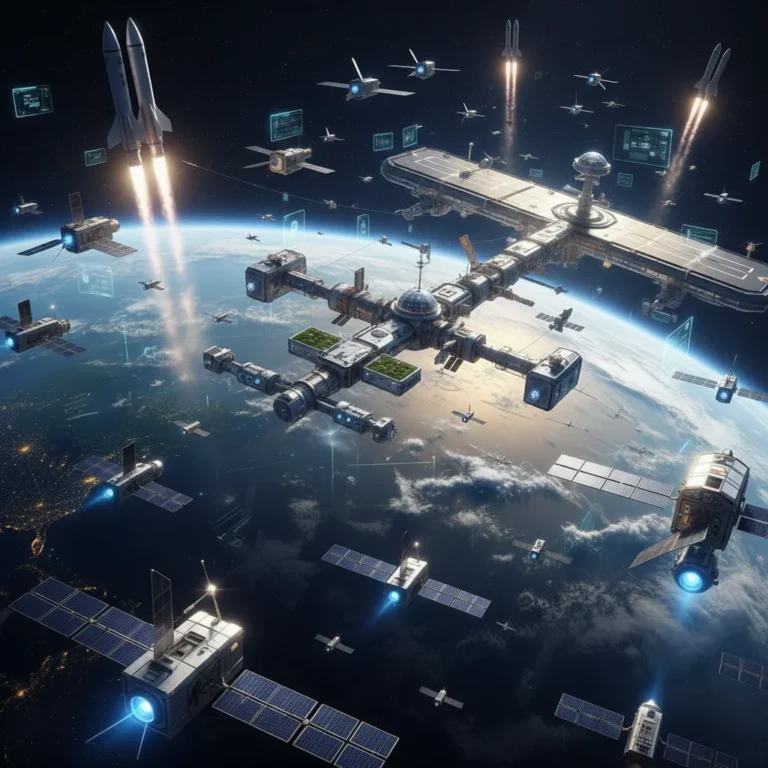 Futuristic commercial space scene with satellites and rockets orbiting Earth, symbolizing innovation and economic opportunity.