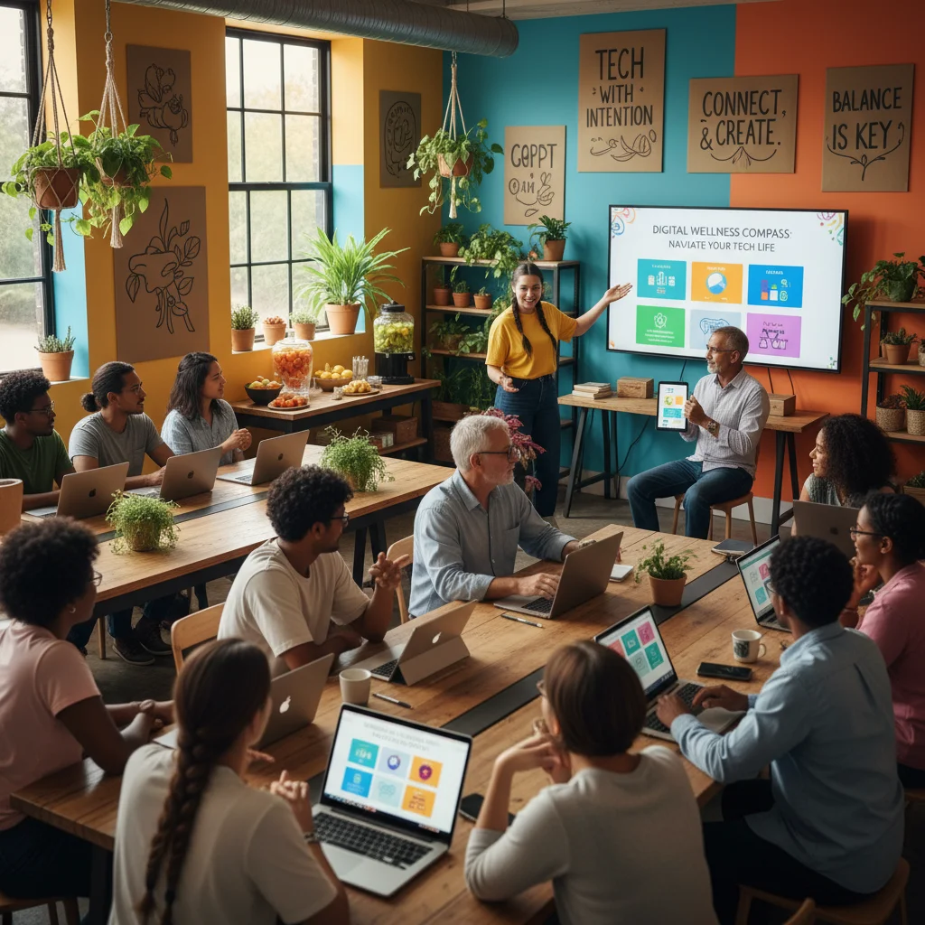 Community workshop focused on digital literacy and healthy tech habits, fostering collective wellbeing.