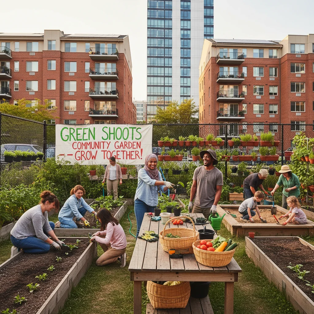 Community garden showing diverse people planting, symbolizing local food and community effort.