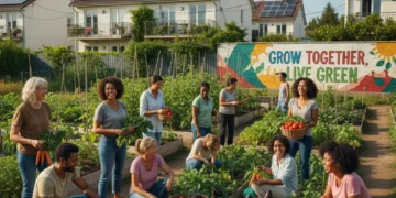 Community garden with diverse participants, solar panels, representing sustainable living