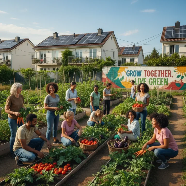 Community garden with diverse participants, solar panels, representing sustainable living