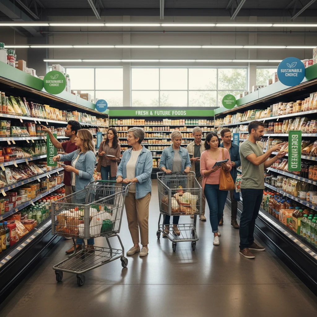 Consumers in a grocery store aisle, choosing between traditional and bio-engineered food products.