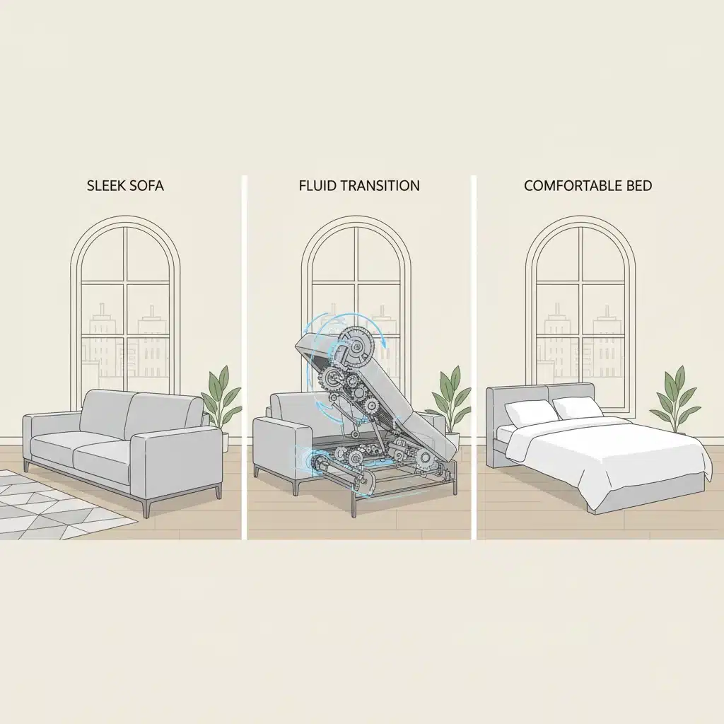 Convertible sofa bed transforming in a small studio apartment