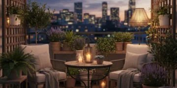 Cozy urban balcony with string lights and compact seating