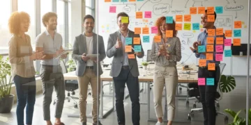 Diverse team collaborating on ideas in a modern office, fostering a creative culture.