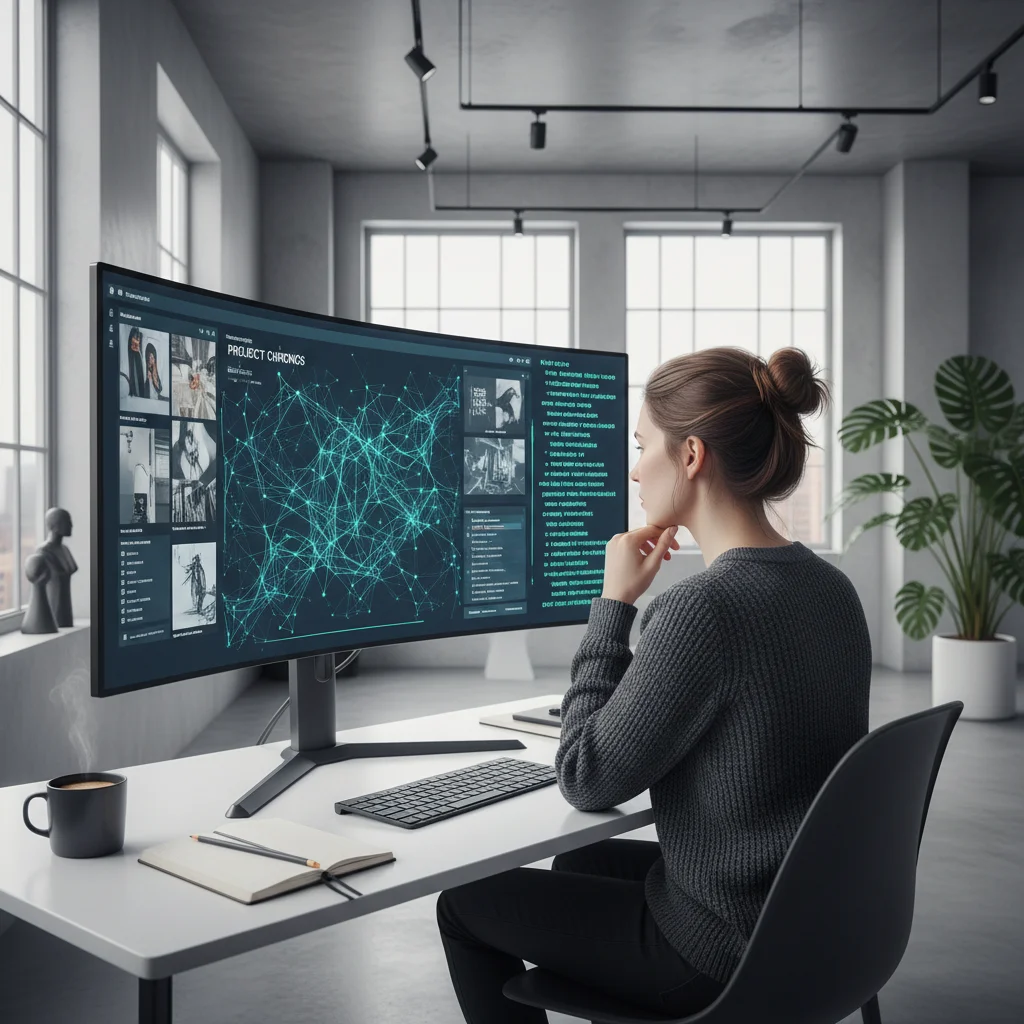 Creative professional analyzing AI-generated data and suggestions for a project.