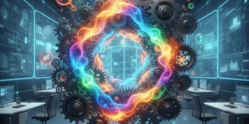 Illustration of gears and thought bubbles merging, symbolizing creative synthesis and innovation in business.