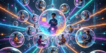 Dynamic digital landscape representing the interconnected creator economy and evolving media consumption.