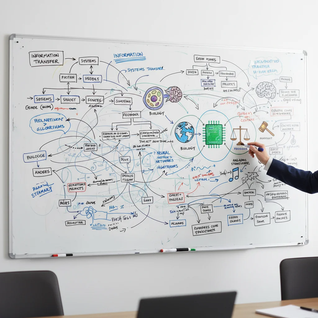 Complex diagrams showing cross-domain problem-solving on a whiteboard