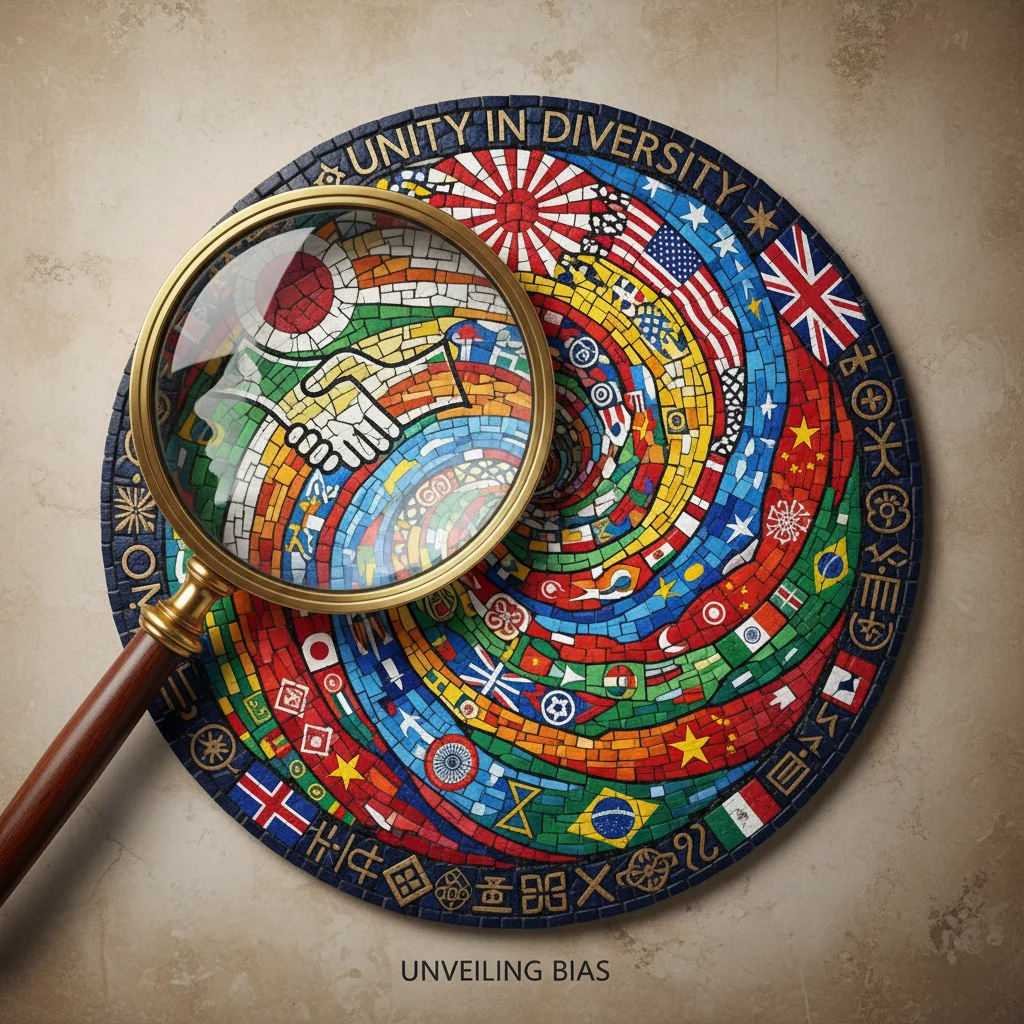 Mosaic of cultural symbols, subtly highlighting unconscious bias being examined.