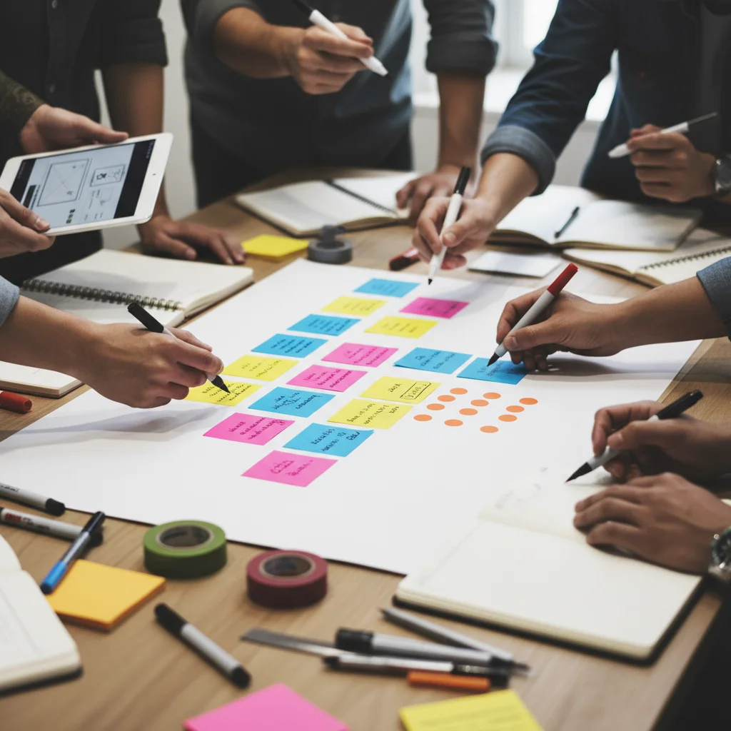 Design thinking workshop with sticky notes for idea categorization