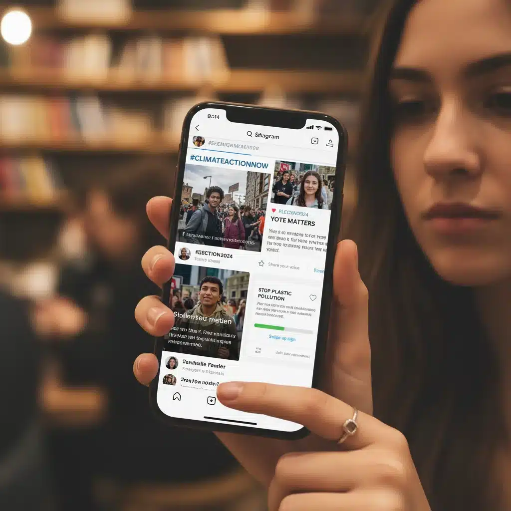 Smartphone screen showing political content, social media activism, and news feeds relevant to Gen Z.