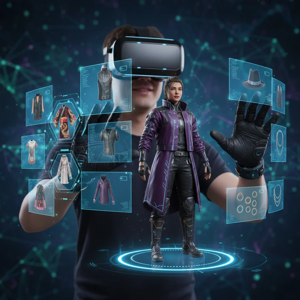 User customizing a detailed digital avatar in a virtual reality environment.