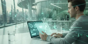 Person relaxing at a minimalist desk, surrounded by organized digital elements