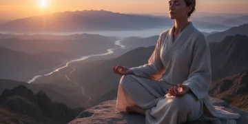 Person meditating on mountain with turned-off digital devices, symbolizing digital detox in 2026.