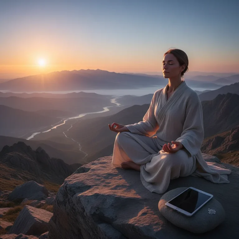 Person meditating on mountain with turned-off digital devices, symbolizing digital detox in 2026.