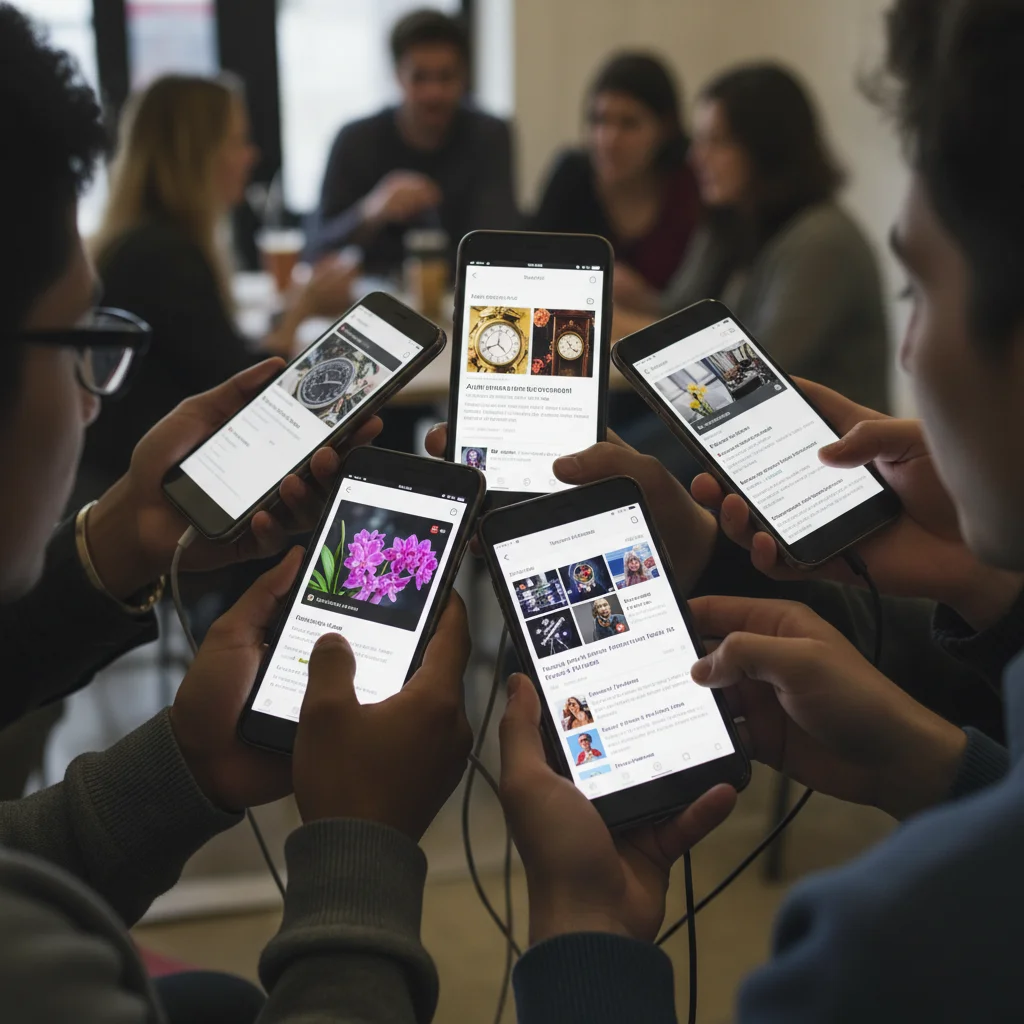 Hands holding digital devices displaying online niche community forums