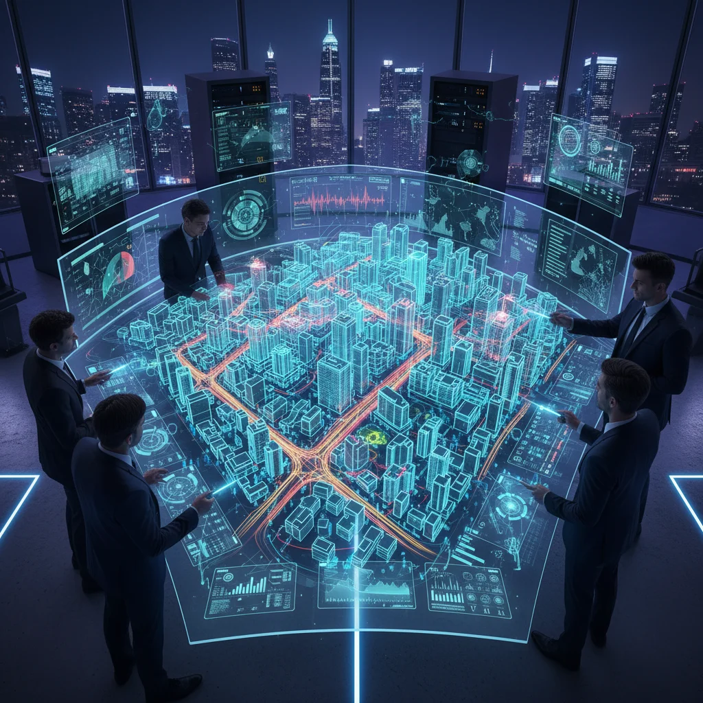 Urban planners interacting with a real-time 3D digital twin city model on a large screen