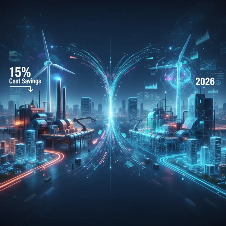 Digital twin technology connecting physical assets to virtual models for industrial optimization and cost reduction.